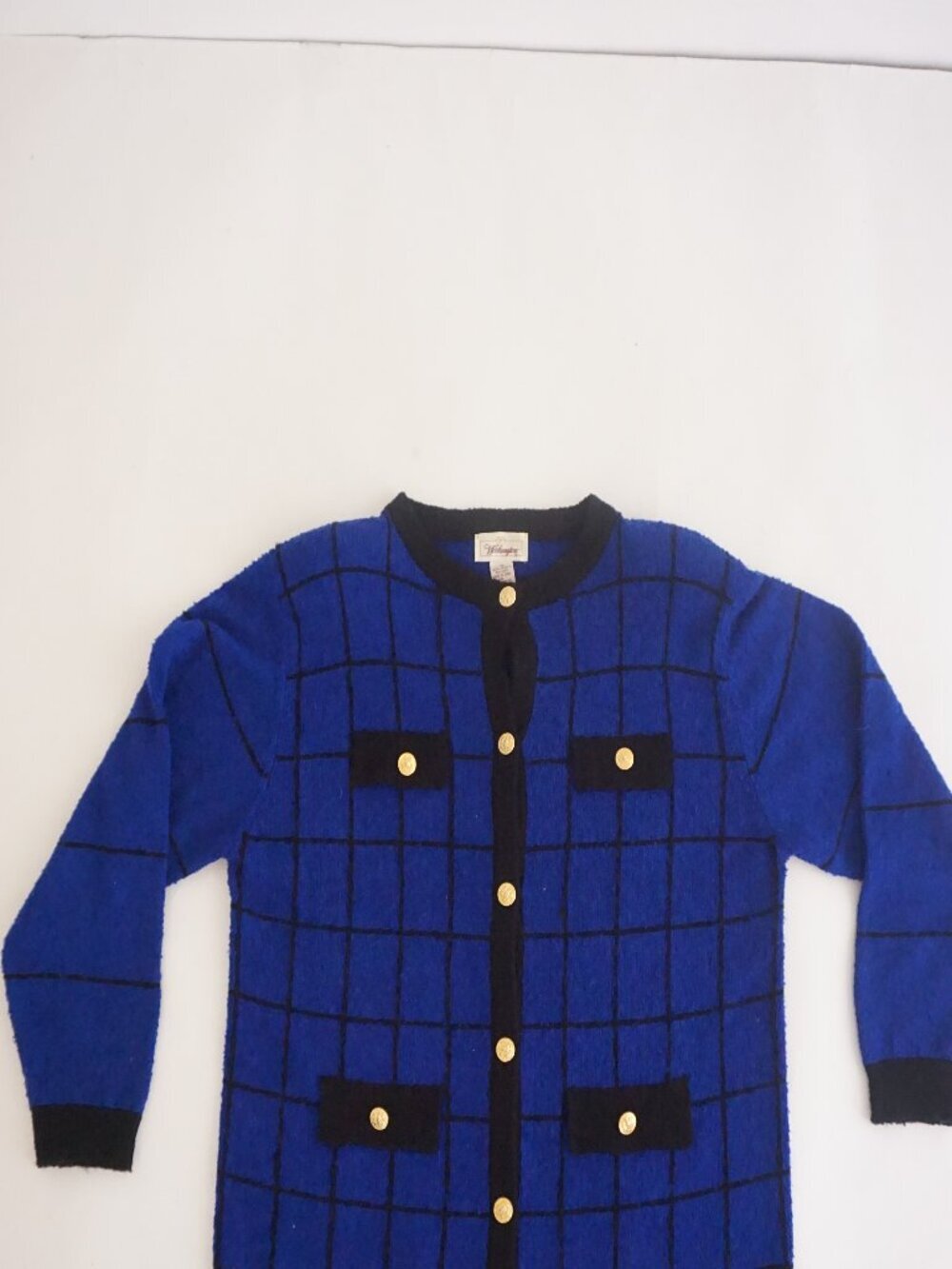Vintage Worthington Blue Black Windowpane Gold Button Pocket Cardigan XL